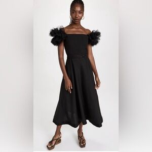 Fanm Mon Black Giamba Tulle Puff-Sleeve Midi Dress
